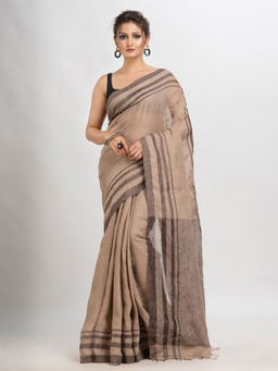 Angoshobha - Beige Linen Stripes Woven Saree with Unstitched Blouse