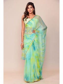 Zari Jaipur - Chiffon Sea Green Shibori Printed Saree with Unstitched Blouse