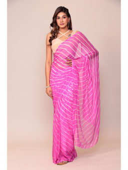 Zari Jaipur - Chiffon Dark Pink Color Lehriya Printed Saree with Unstitched Blouse