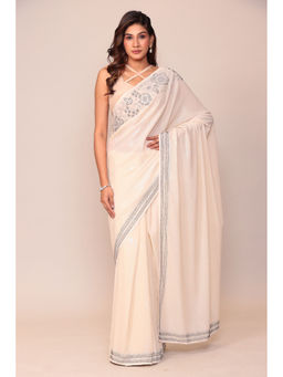 Zari Jaipur - Georgette Cream Color Embellished Saree with Unstitched Blouse