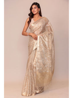Zari Jaipur - Tissue Silk Beige Color Embroidery Saree with Unstitched Blouse