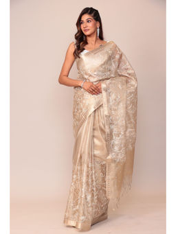 Zari Jaipur - Tissue Silk Beige Color Embroidery Saree with Unstitched Blouse