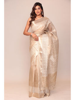 Zari Jaipur - Tussar Silk Cream Color Embroidery Saree with Unstitched Blouse