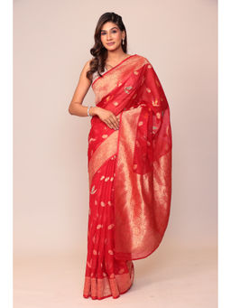 Zari Jaipur - Chanderi Silk Red Color Banarasi Saree with Unstitched Blouse