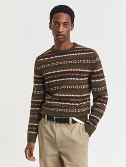 GANT - Mens Green Fair Isle Crew Neck Relaxed Fit Sweater