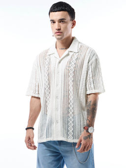 Bewakoof - Mens Off White Oversized Crochet Shirt