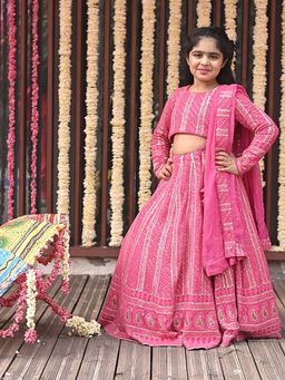 Alyaansh Couture - Pink Georgette Full Sleeves Lehenga With Blouse & Dupatta