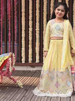 Alyaansh Couture - Yellow Georgette Full Sleeves Lehenga With Blouse & Dupatta