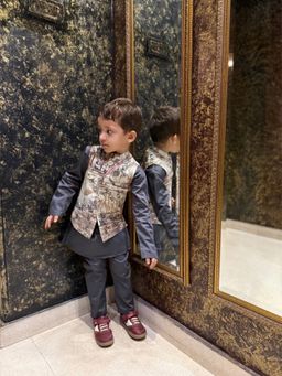 Funny Bones - Multi-Color Silk Full Sleeves Nehru Jacket With Kurta & Pyjama