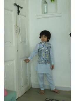 Funny Bones - Blue Cotton Satin Full Sleeves Nehru Jacket With Kurta & Pyjama