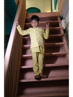 Funny Bones - Yellow Cotton Full Sleeves Nehru Jacket With Kurta & Pyjama