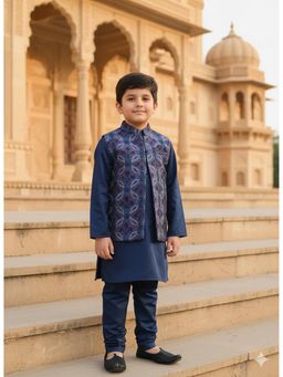 Funny Bones - Navy Blue Silk Full Sleeves Nehru Jacket With Kurta & Pyjama