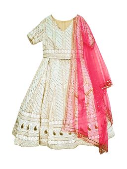 Alyaansh Couture - White Chikankari Half Sleeves Lehenga With Blouse & Dupatta