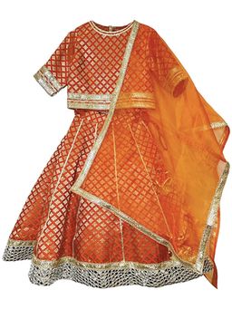 Alyaansh Couture - Orange Banarasi Half Sleeves Lehenga With Blouse & Dupatta