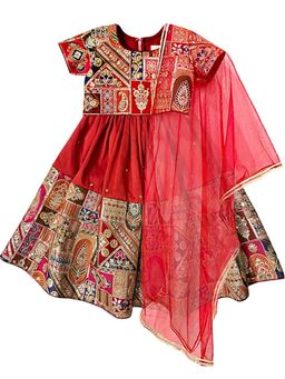 Alyaansh Couture - Red Silk Half Sleeves Lehenga With Blouse & Dupatta