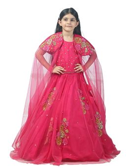 Alyaansh Couture - Pink Net Half Sleeves Lehenga With Blouse & Shrug