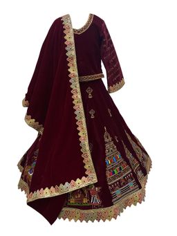 Alyaansh Couture - Maroon Velvet Full Sleeves Lehenga With Blouse & Dupatta