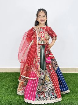 Alyaansh Couture - Multi-Color Raw Silk Half Sleeves Lehenga With Blouse & Dupatta