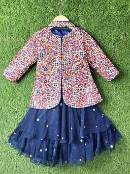 Alyaansh Couture - Blue Chiffon Full Sleeves Jacket With Lehenga