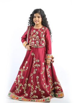 Alyaansh Couture - Maroon Chanderi Full Sleeves Lehenga With Blouse & Dupatta