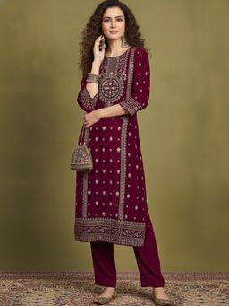Varanga - Pink Elegant Velvet Kurta with Silver Print Paired Pant