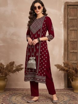 Varanga - Maroon Elegant Velvet Kurta with Silver Print Paired Pant