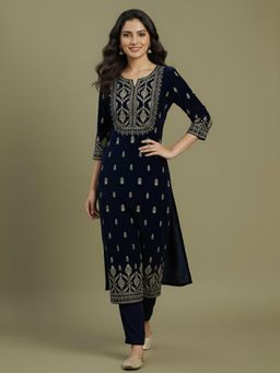Varanga - Navy Blue Elegant Velvet Kurta with Silver Print Paired Pant
