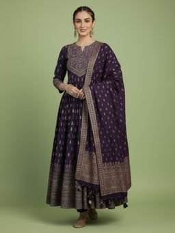 Varanga - Printed Purple Anarkali Kurta with Pant & Dupatta