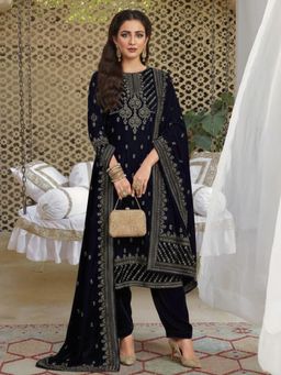 Varanga - Navy Blue Velvet Kurta Paired with Pant & Printed Dupatta