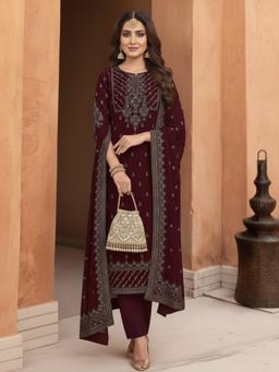Varanga - Maroon Velvet Kurta Paired with Pant & Printed Dupatta