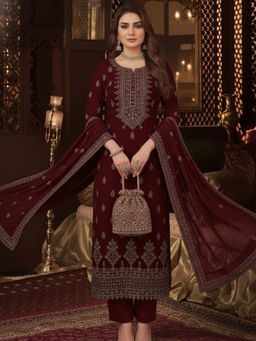 Varanga - Maroon Velvet Kurta Paired with Pant & Printed Dupatta