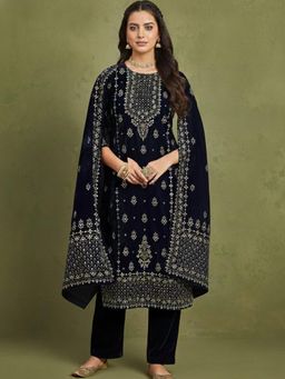 Varanga - Navy Blue Velvet Kurta Paired with Pant & Printed Dupatta