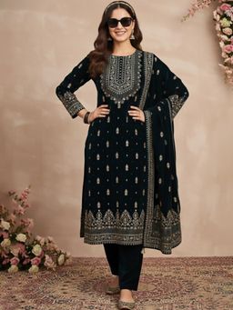 Varanga - Navy Blue Velvet Kurta Paired with Pant & Printed Dupatta