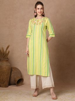 FASHOR - Green Stripes Woven and Floral Hand Embroidered Straight Fit Kurta
