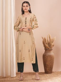 FASHOR - Beige Floral Hand Embroidered Straight Fit Kurta
