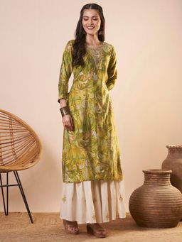 FASHOR - Green Abstract Floral Printed and Embroidered Straight Fit Kurta