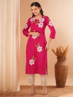 FASHOR - Pink Floral Abstract Patchwork Embroidered Straight Fit Kurta