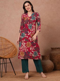 FASHOR - Red Abstract Floral Printed Straight Fit Kurta