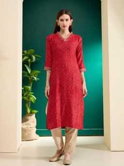 FASHOR - Red Ethnic Bandhani Foil Printed and Embroidered Straight Fit Kurta