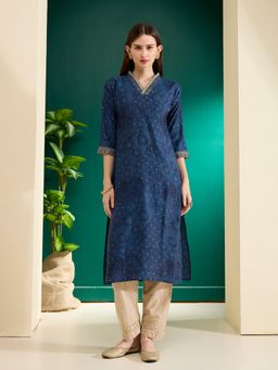 FASHOR - Blue Ethnic Bandhani Foil Printed Embroidered Straight Fit Kurta