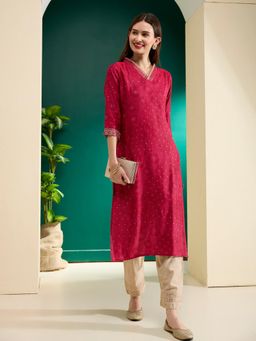 FASHOR - Pink Ethnic Bandhani Foil Printed Embroidered Straight Fit Kurta