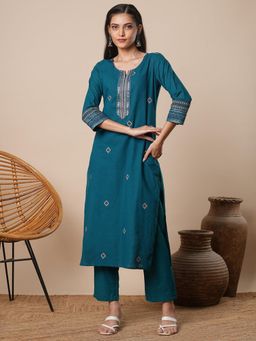 FASHOR - Teal Ethnic Embroidered Straight Kurta with Pant