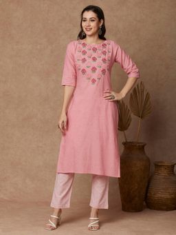 FASHOR - Pink Floral Hand Embroidered Straight Kurta with Pant