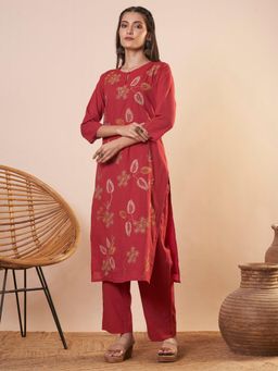 FASHOR - Floral Threadwork Embroidered A-Line High Low Kurta with Pant