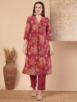 FASHOR - Red Ethnic Floral Printed A-Line Pleated Kurta with Pant