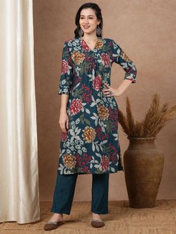 FASHOR - Teal Abstract Floral Printed A-Line Kurta with Pant