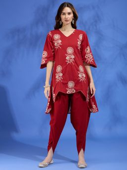 FASHOR - Maroon Ethnic Floral Printed Embroidered A-Line High Low Kurta with Dhoti Pant