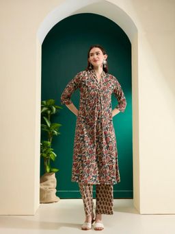 FASHOR - Ethnic Floral Printed A-Line Pleated Kurta with Pant