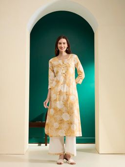 FASHOR - Mustard Abstract Floral Foil Printed A-Line Kurta with Palazzo