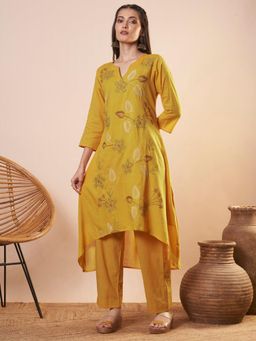 FASHOR - Yellow Floral Threadwork Embroidered A-Line High Low Kurta with Pant